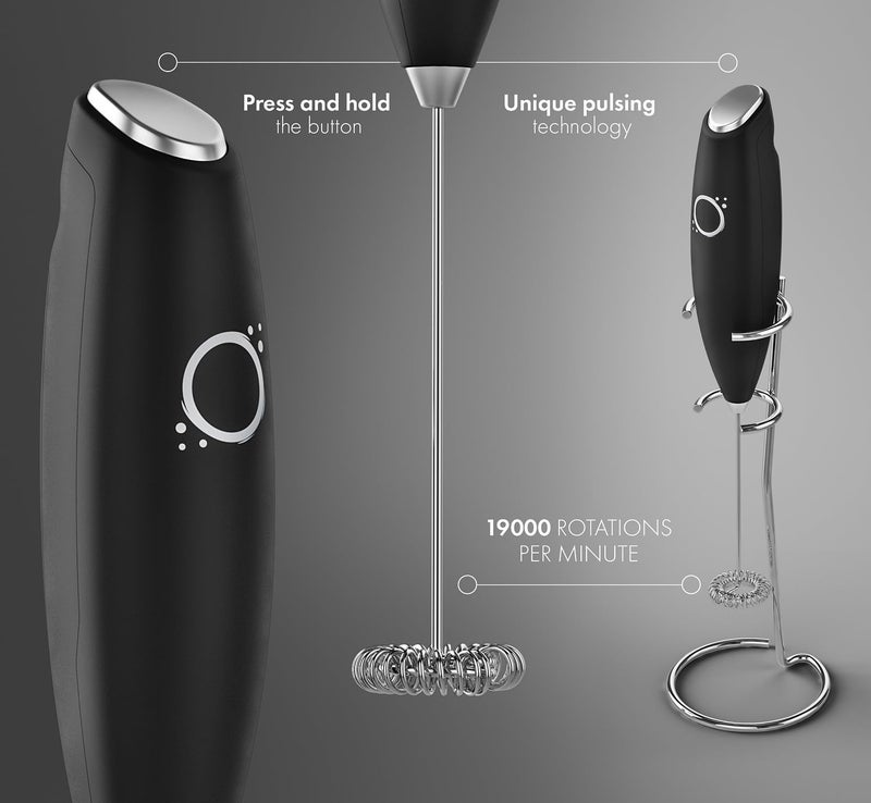 Unicoff Handheld Milk Frother with Stand - Electric Drink Mixer for Coffee Latte Cappuccino Matcha Tea - Battery Operated Stainless Steel Whisk Wand - Mini Foamer for Protein Shakes Hot Chocolate (Black) - Image 5